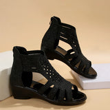 2023 Summer New Large-Size Slope Heel Diamond Roman Sandals Women's Zipper Leisure