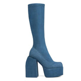 Dropship Sexy Party Elegant Chunky Platform Women Boots Great Quality Big Size 48 Walking Comfy Knee High