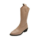 Western Mid Calf Boots PU Leather Boot Ladies Black Cowboy Retro Women's Working Oxford Shoes Female Vintage