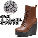 Breakj Head 12Cm High Slope And Waterproof Table Mid-Sleevel Boots With Side Zipper Women's Boots Pine Cake Plus Velvet Winter Warm Leather