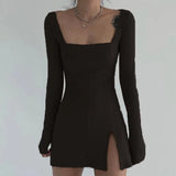 Split Side Solid Bodycon Mini Dress Women Square Collar Ribbed Casual Short Dresses Ladies Long Sleeve Korean