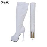Womens Matte Leather Pointed Toe High Heels Autumn Winter Mid Calf Knee Wide Leg Stretch