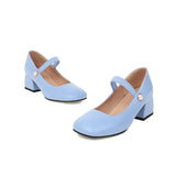 Japanese Sweet Lolita Med Chunky Heels Square Toe Pearl Elastic Band Strappy Princess Shoes Plus Size 34-48 White Purple