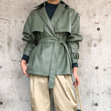 New Spring Autumn Women Faux PU Leather Casual Streetwear Outwear Motorcycle Leather Jacket with Belt Green Biker