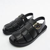 Shoes Women Genuine Leather Gladiator Sandals Round Toe Flats Buckle Ladies Footwear 2022 Summer Black Big Size