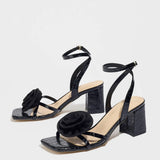 Breakj Women's High-Heeled Shoes Three-Dimensional Flowers Square Head Thick Heel Spring And Summer Fashion Party Party Stage Black