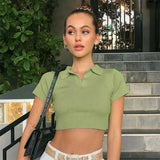 Casual Knitted Crop T Shirt Women Short Sleeve Woman Tshirt Tops Tees Korean Fashion Turn-down Collar T-shirt