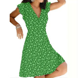Summer 2021 New Casual Floral Print V Neck Pullover A-line Dress Fashion Short Sleeves Elegant Office Lady Party