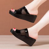 Heel Slope Sandals For Women In 2023 Summer New Style Muffin Thick Bottom Waterproof Table Hollowed-Out Net Gauze Lacquer Leather Wearing Sandals And