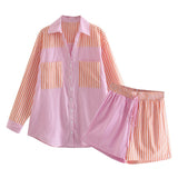 Fashion Patchwork Cotton 2 Piece Set Women Long Sleeve Pockets Shirt With High Waist Shorts Striped Print Holiday