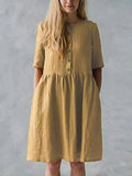 New Summer Commuter Women Dress A-line Skirt Solid Cotton Linen Pocket Mid Sleeve Holiday Dress 2022 Elegant V-Neck Loose