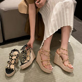 Sandals Woman Leather Suit Female Beige High Heels Shoes Muffins shoe Clogs Wedge Open Toe Low-heeled Studded Black