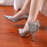 Sequins Wedding Shoes for Women Bride 2023 Elegant Pointed Toe Thin Heels Pumps Woman Silver Crystal High Heels for
