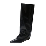 Knee High Boots Luxury Brand Designer Patent Leather Zipper Wedges Pointed Toe High Heels Winter Fashion Soft Warm