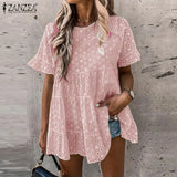 Bohemian Lace Patchwork Tops Women's Summer Blouses ZANZEA 2022 Casual Short Sleeve Blusa Female Hollow Peplum