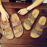 Shipping Men's PU Leather Sandals Slippers High Quality Soft Cork Two Buckle Slides Footwear For