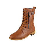 New Women Retro Boots Western Winter Fashion Shoes Punk Lace Up Buckle Motorcycle Zipper Mid Calf Boots Ladies Short