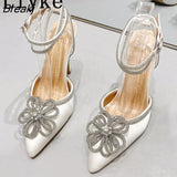 Summer Party Elegant Women Wedding Prom Shoes Crystal Buckle Pointed Toe Rhinestone High Heels Pumps Ankle Strap
