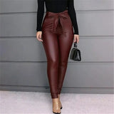 Leggings PU Leather High Waisted Pants Stretchy Bowknot Skinny Pencil Trousers Bow Womens Pants Black Wine Red