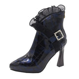 Women's Modern Boots Fashion High Heels Lace Design Buckle Decorate Ladies Ankle Boots Black Stone Grain Women's