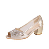 Summer Woman Pumps Bling Open Toe High Heels Hollow Out Women Sandals Dress Shoes OL office Square heel mujer Ladies