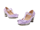 Women's Cute Lolita Cosplay Shoes T Strap Patent Leather Bow Mid Chunky High Heel Mary Jane Pumps Patchwork Striped