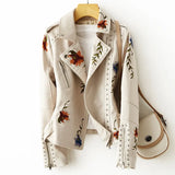New Women Retro Floral Print Embroidery Faux Soft Leather Jacket Coat Turndown Collar Pu Moto Biker Black Punk