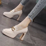Fashion High Heels Autumn New Women Chunky Platform Pumps British Style Woman Slip on Square Toe Office Lady Work