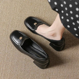 Breakj New Shallow Mouth Thick Heel Professional Single Shoes Women's Black Soft Leather Working Shoes Square Head Low Heel Mary Jane Single