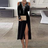 Fashion Sequins Halter Long Dress Sexy Shoulderless High Split Women Party Dress Elegant Solid Ladies Long Sleeve Bodycon