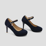 Women Super High Heel Suede Leather Dress Shoes Casual Platform Vintage Mary Janes Pumps Strap Buckle Thin Heels Large Plus