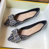 Woman Bowknot Shoes Glitter Sequin Flats Crystal Ballerina Chaussure Femme Pointy Toe Loafers Ladies Office Dress