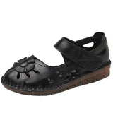 Genuine Leather Sandals Women Summer Shoes Flowers Flat Heel Comfortable Hollow Cover Toe Shoes Woman Sandals Big