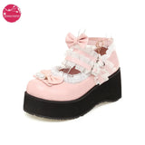 Women Fashion Wedges High Heel Bow Buckle Strap Platform Round Toe Cosplay Lolita Mary Janes Shoes Sweet Strap Bow Hairball