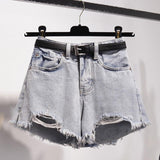 New Summer Women High Waist Hole Blue Denim Shorts Casual Female Solid Color Frayed Black Jeans Shorts With