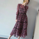 Floral Printing Chiffon Tiered Ruffle Midi Dress Female O Neck Puff Sleeve Loose Clothes Casual Lady Vestido