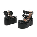 Princess Lolita Platform Mary Jane Girls Tea Party Shoes Criss-Cross Strap Sweet Bow Thick Sole Wedge Pumps Pink Black