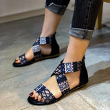 2022new women's flat sandals summer zipperopen toe women's shoes plus size beach leathersandals retro print ethnic style