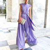 Fashion Stand Collar Chiffon Button Printed Lace-up Wide-leg Pants Jumpsuit Elegant Slim Sleeveless Loose Party