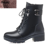 Snow Boots Women's Genuine Leather New Wool Warm Non-slip Luxury Ladies Ankle Black Boots Thick Heels Plus Size 43