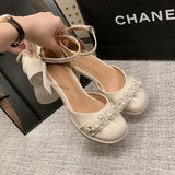 Breakj New Shallow Mouth Thick With Rhinestone Pearl Sandals Women A Word With Round Head Korean Version Single Shoes Mary Jane Women's