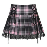 Tie Up Harajuku Gothic Checkered Mini Skirt Ladies Fashion Aesthetic Punk Plaid Pleated High Waisted Short