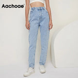 2021 Fashion 100% Cotton Mom Jeans Women High Waist Solid Pockets Cowboy Pants Zipper Fly Long Denim Pencil