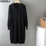 Autumn Winter warm chic polo callor midi straight sweater Dress Women Casual oversize Sweater Dresses maix THICK