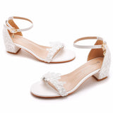Breakj Cm Thick Heel Sandals Shallow Mouth With Square Buckle Sandals White Lace Wedding Shoes High