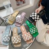 New Woman Flats Slippers Fashion Weave Grid Open Toe Shoes Designer Outdoor Bohemian Female Slides Shoes Sandals Women