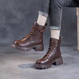 / Winter 2023 New Soft Leather Ankle Boots Female Retro British Thick Heel Thick Bottom Net Red Soft Leather And Velvet Medium Tube Martin