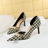 Breakj Korean Version Of High Heels Plaid Shallow Mouth Side Hollow Thousand Bird Case Pearl Metal Chain Super High Heel Single