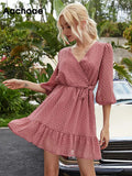 2021 Summer Women Ruffles Lace Chiffon Dress Boho Mini Beach Dress Three Quarter Sleeve Ladies Party Dresses
