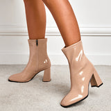 Hot Style Winter Pointed High Heel Side Zipper Stone Grain Ankle Boots Large Size Short Leg Martin Patent Leather